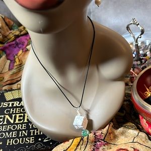 #22 Howlite crystal cube and jade bead Wire wrapped Pendant with silvertone wire